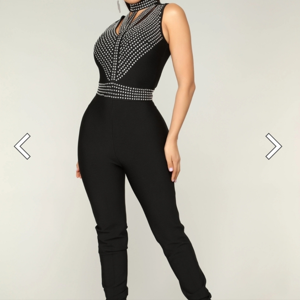 NWT Fashion Nova studded romance bandage embellished cut out chest jumpsuit sz L
